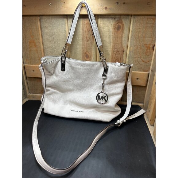 Michael Kors White Leather Shoulder Bag With MK Charm & Adjustable Strap